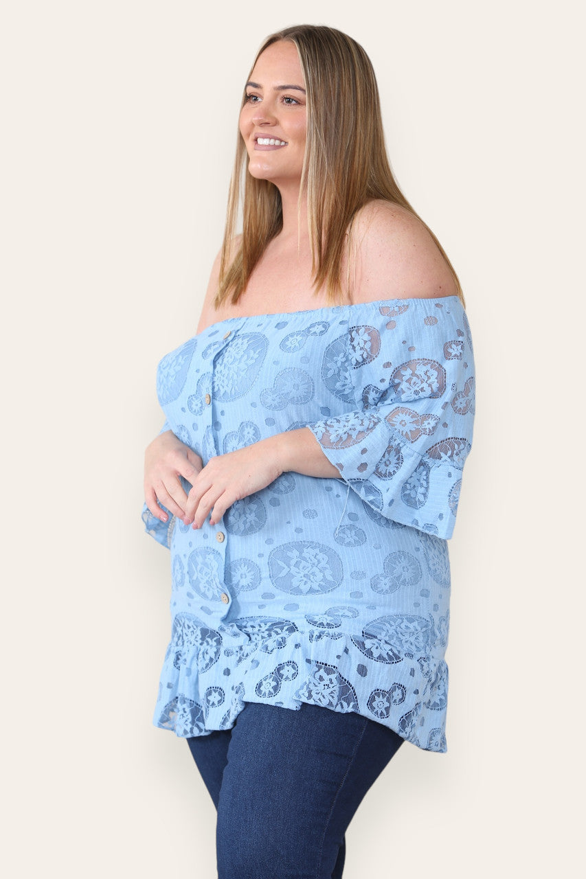 LACE FLORAL PATTERN BARDOT TOP SKY BLUE