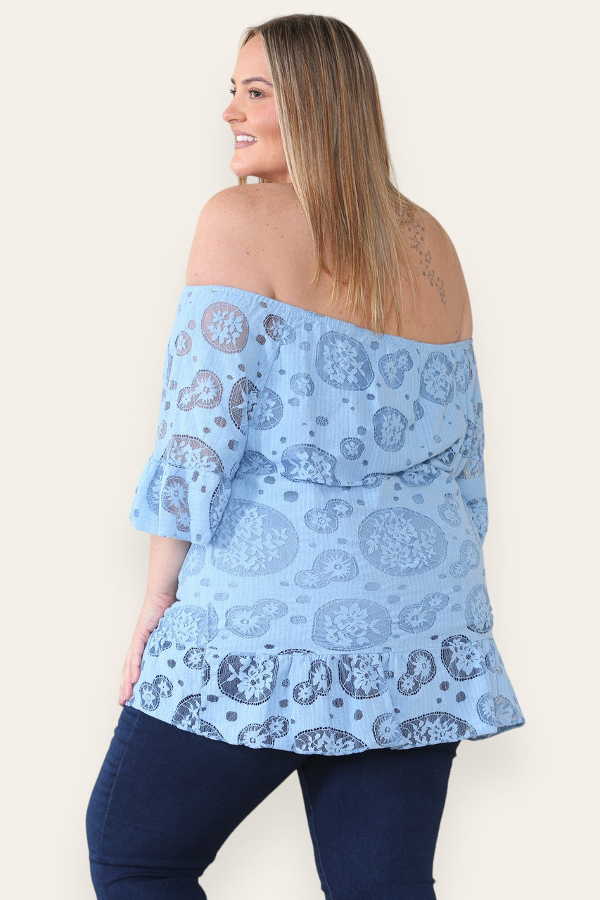 LACE FLORAL PATTERN BARDOT TOP SKY BLUE