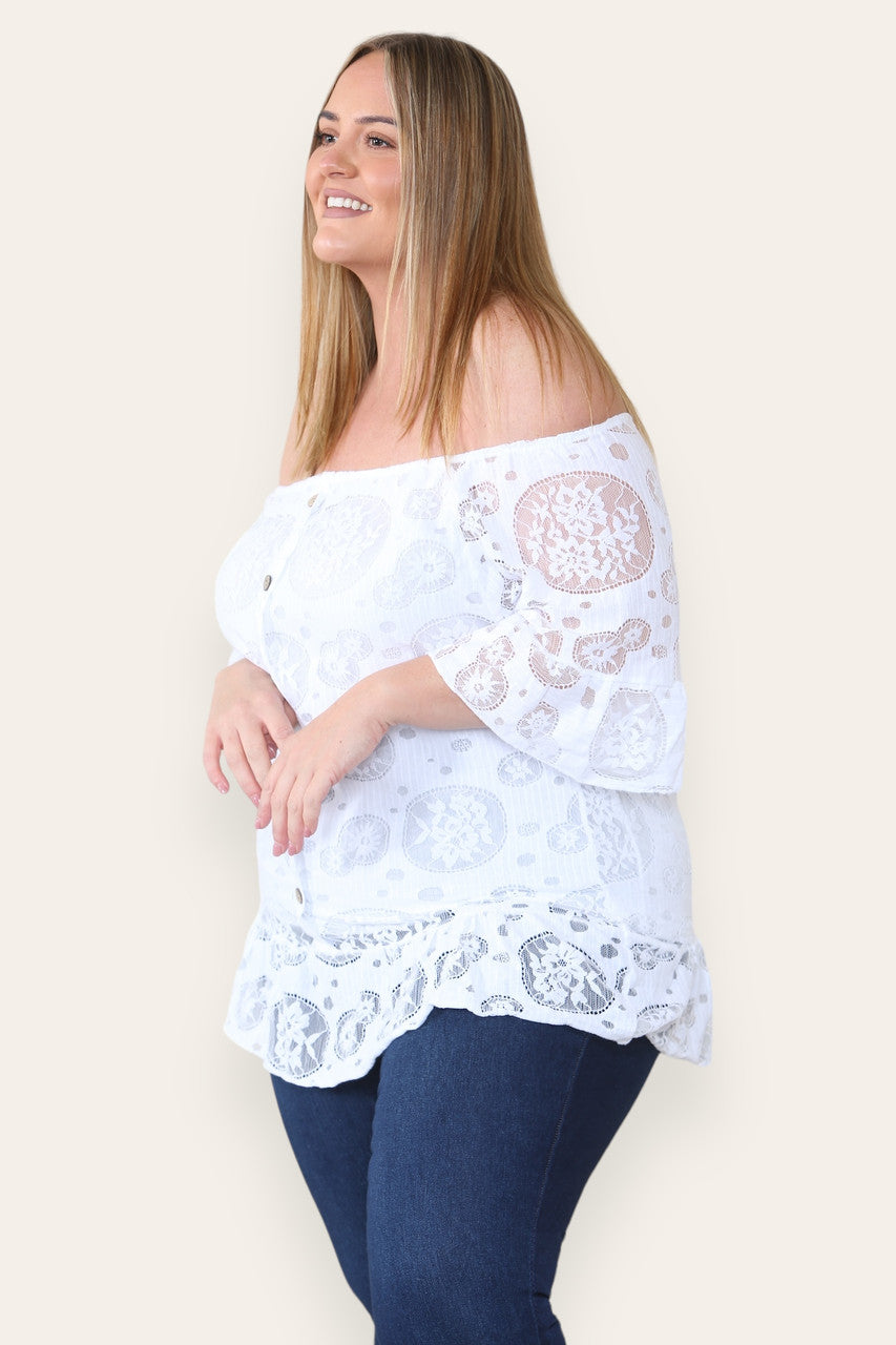LACE FLORAL PATTERN BARDOT TOP WHITE