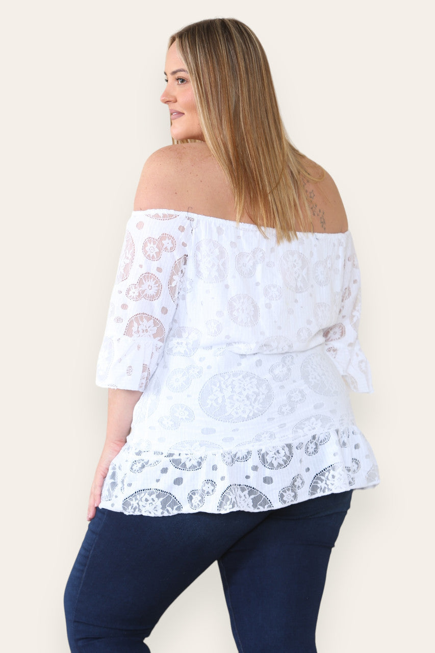 LACE FLORAL PATTERN BARDOT TOP WHITE