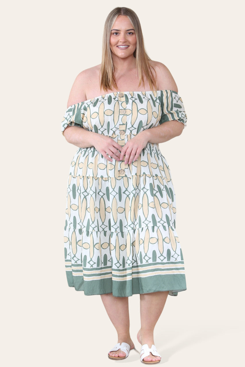 ART DECO PRINT MIDI MAGIC DRESS KHAKI
