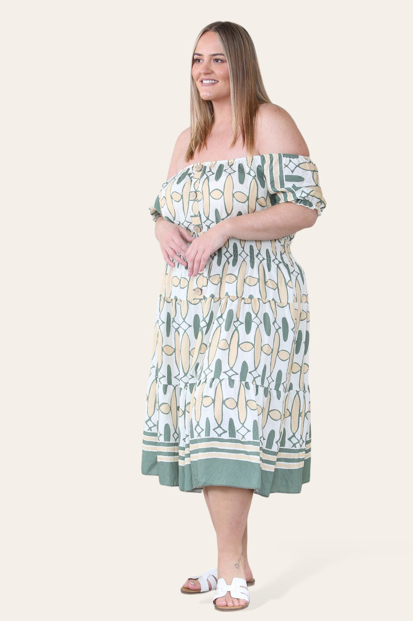 ART DECO PRINT MIDI MAGIC DRESS KHAKI