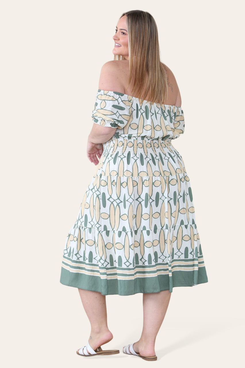 ART DECO PRINT MIDI MAGIC DRESS KHAKI