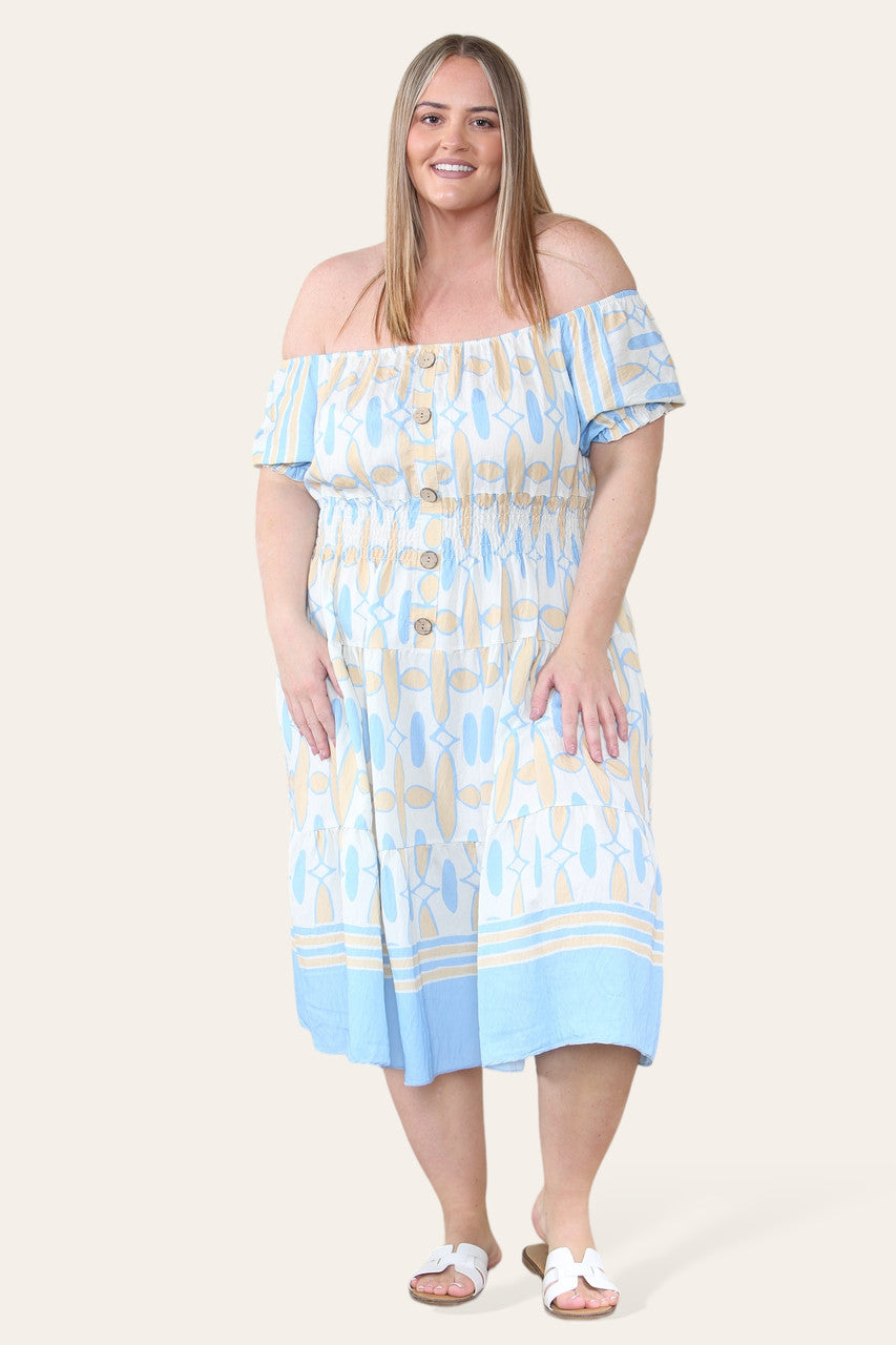 ART DECO PRINT MIDI MAGIC JURK LICHTBLAUW