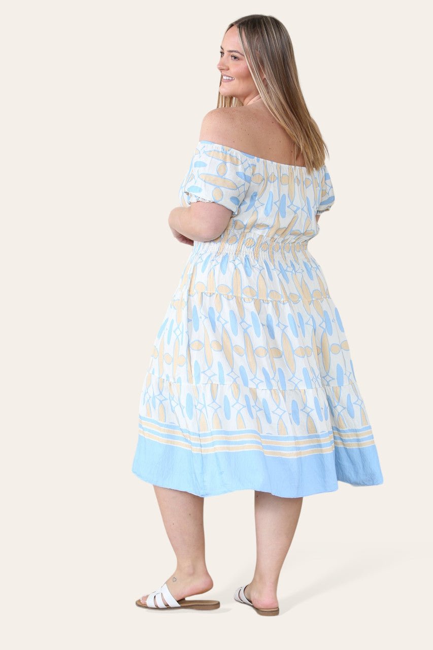 ART DECO PRINT MIDI MAGIC JURK LICHTBLAUW