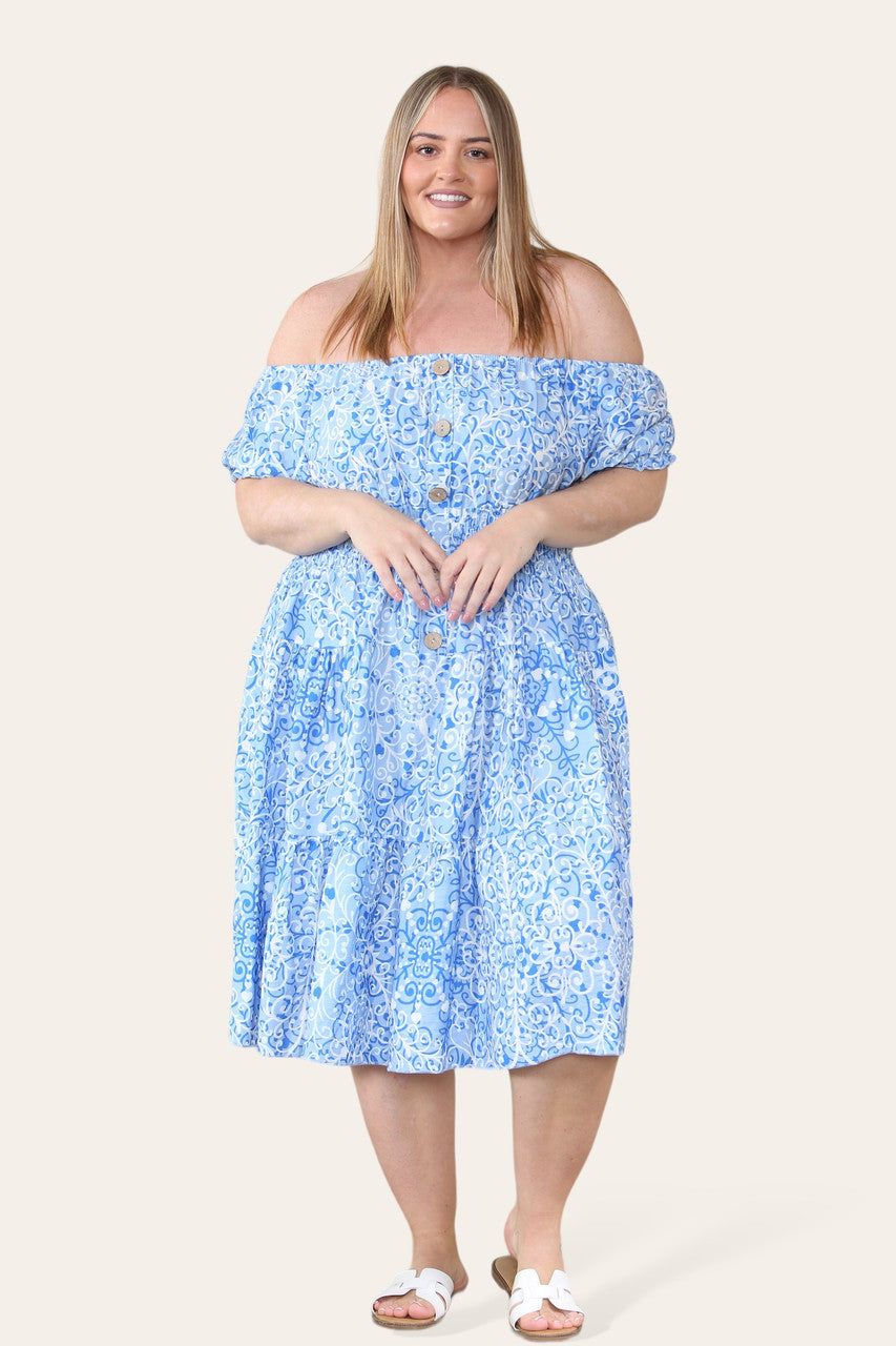 SWIRL PRINT MIDI DRESS LIGHT BLUE