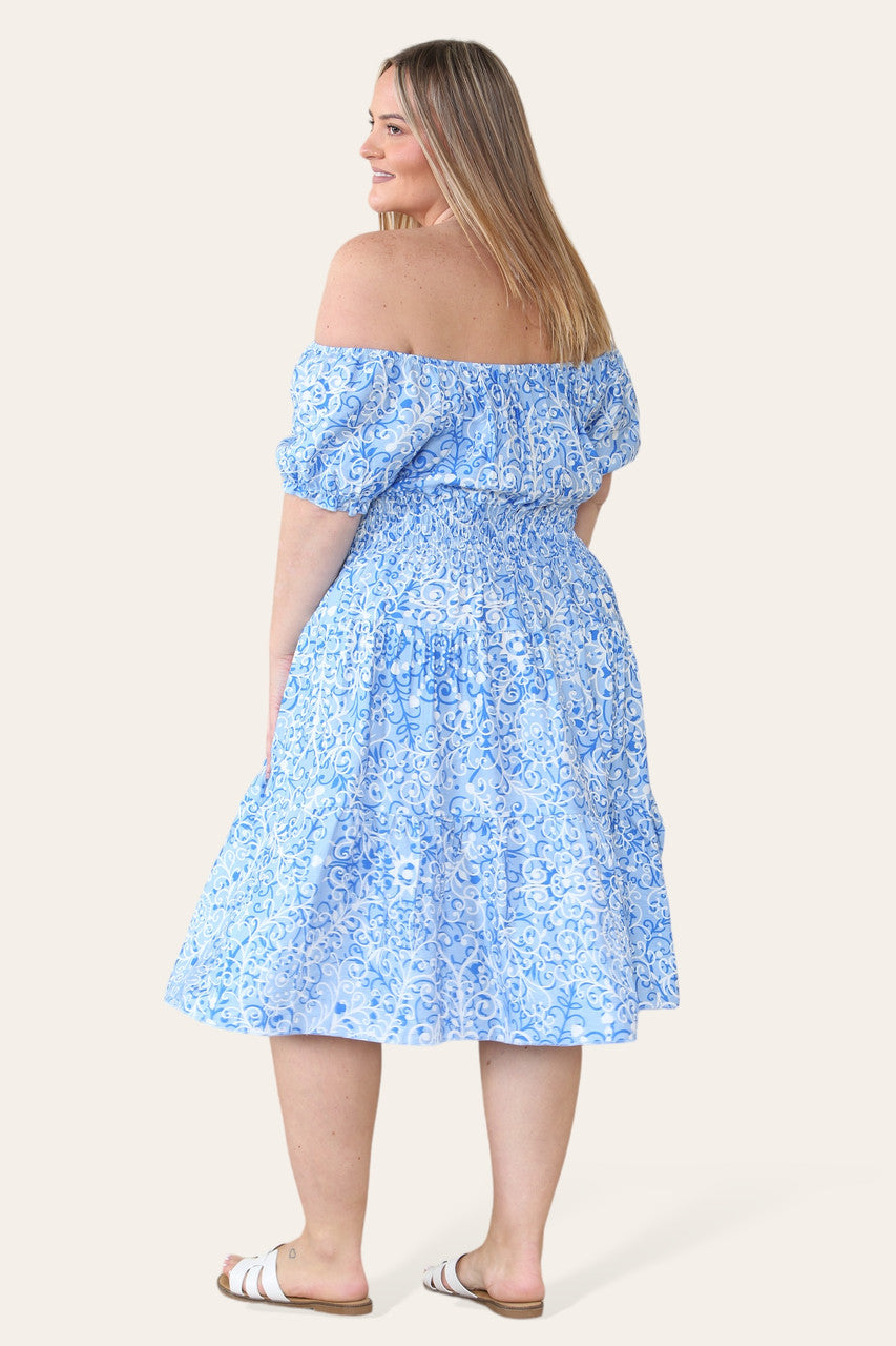 SWIRL PRINT MIDI DRESS LIGHT BLUE