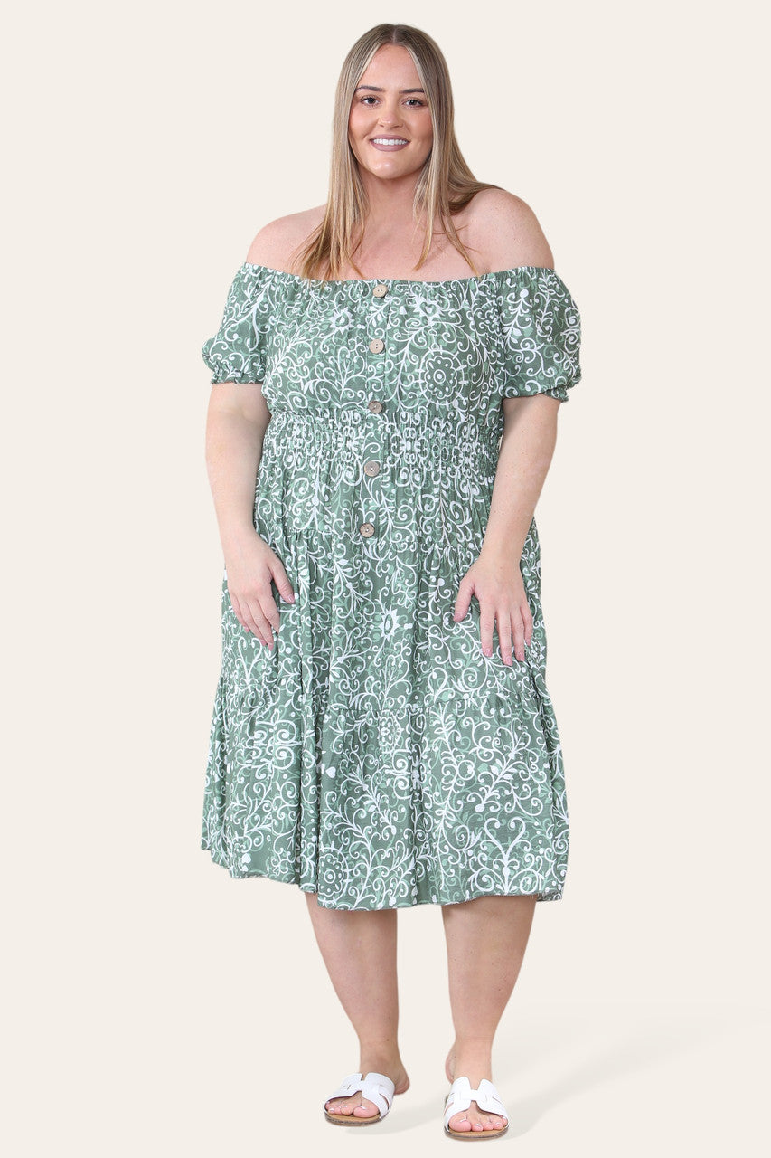 MIDI JURK MET SWIRL PRINT KHAKI