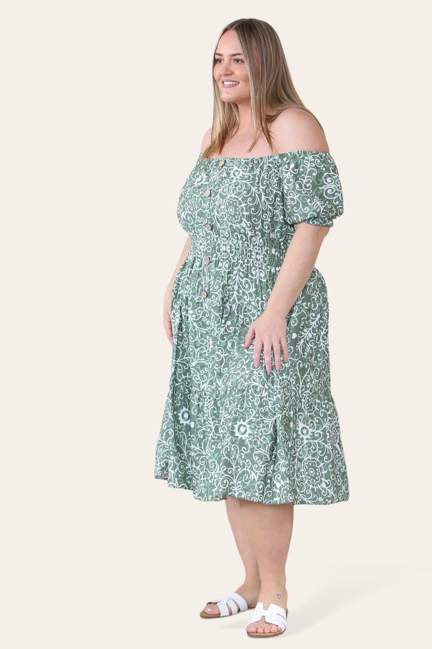 MIDI JURK MET SWIRL PRINT KHAKI