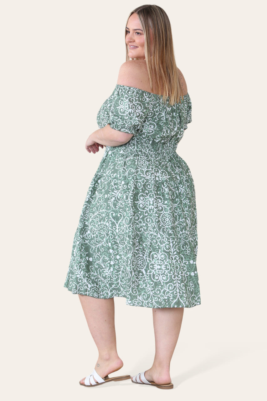 MIDI JURK MET SWIRL PRINT KHAKI