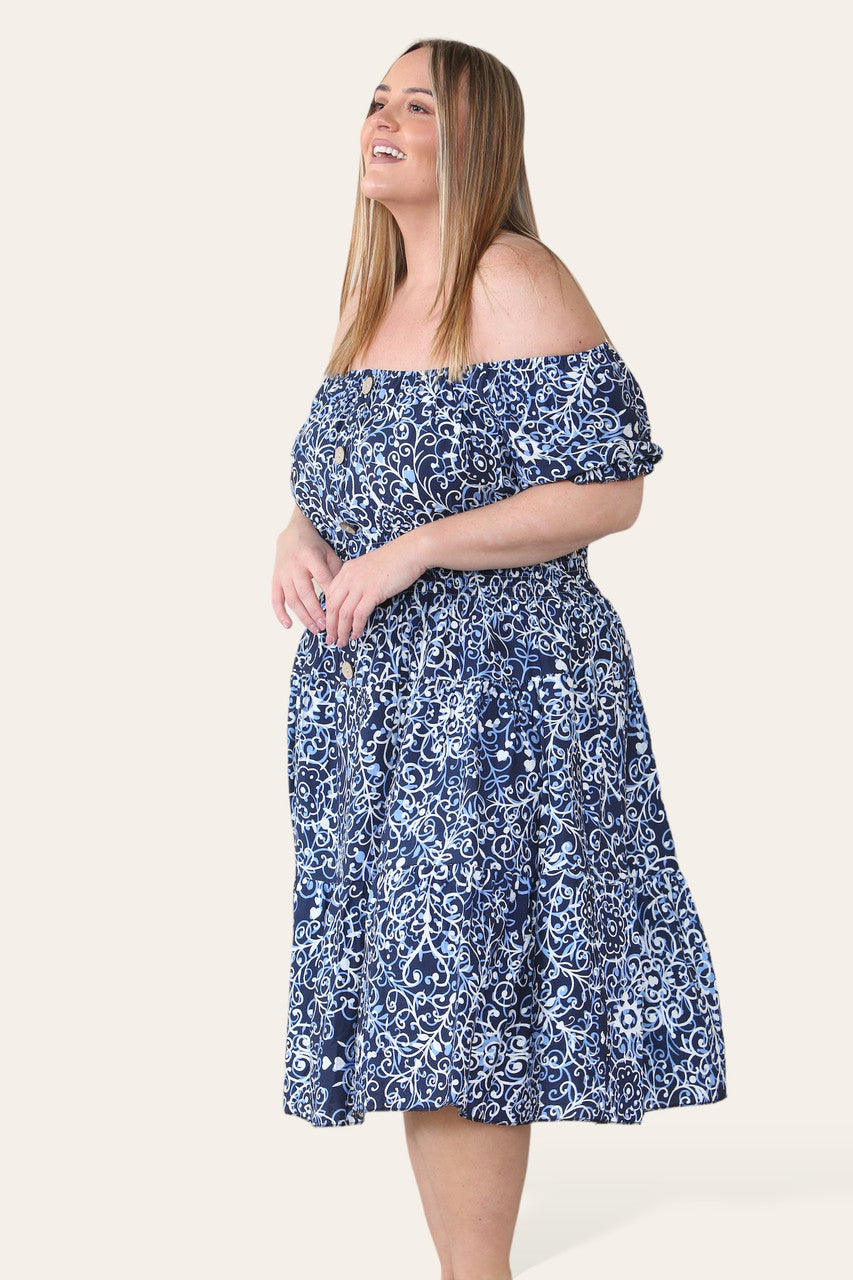 SWIRL PRINT MIDI DRESS NAVY