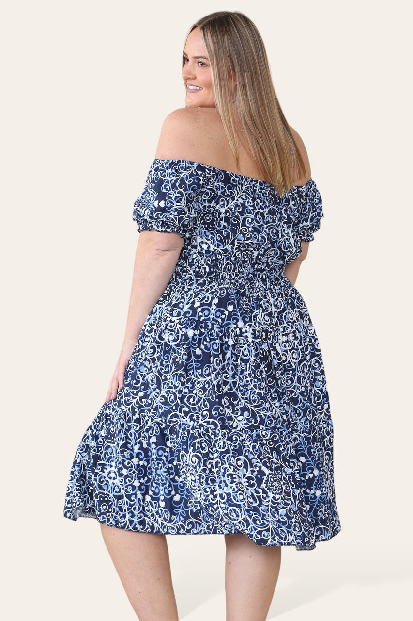 SWIRL PRINT MIDI DRESS NAVY