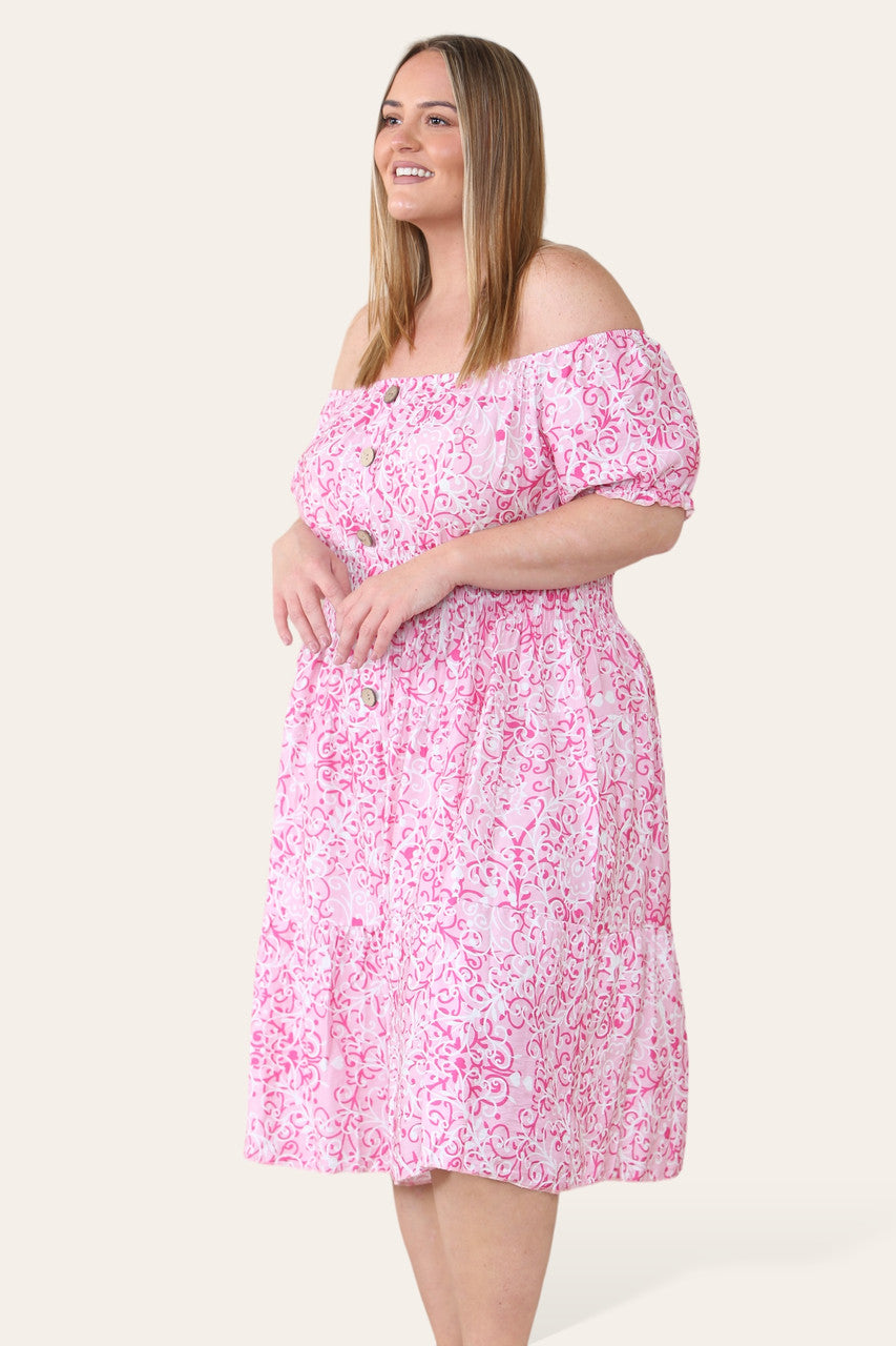 SWIRL PRINT MIDI JURK ROZE