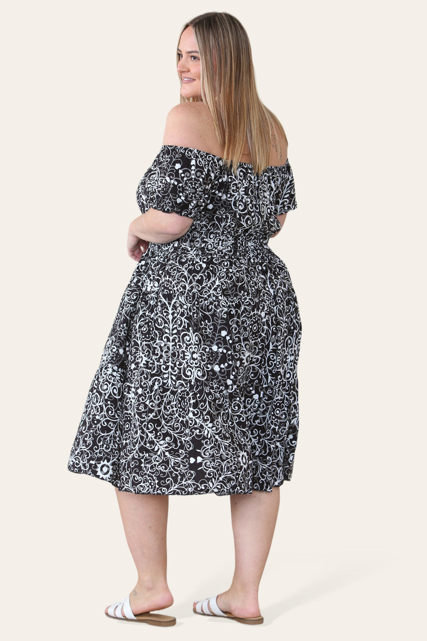 SWIRL PRINT MIDI DRESS BLACK
