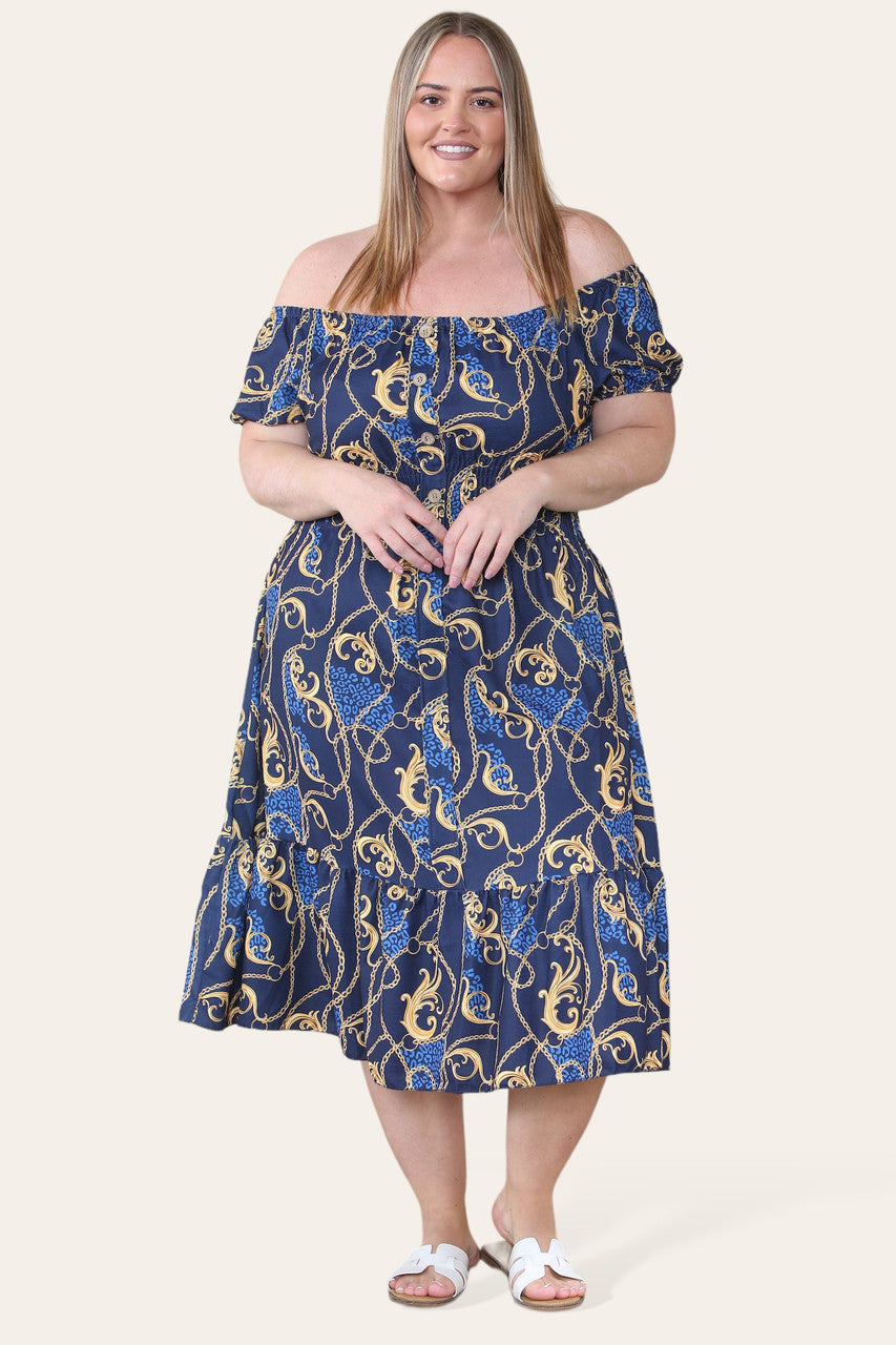BAROQUE CHAIN PRINT MIDI DRESS NAVY