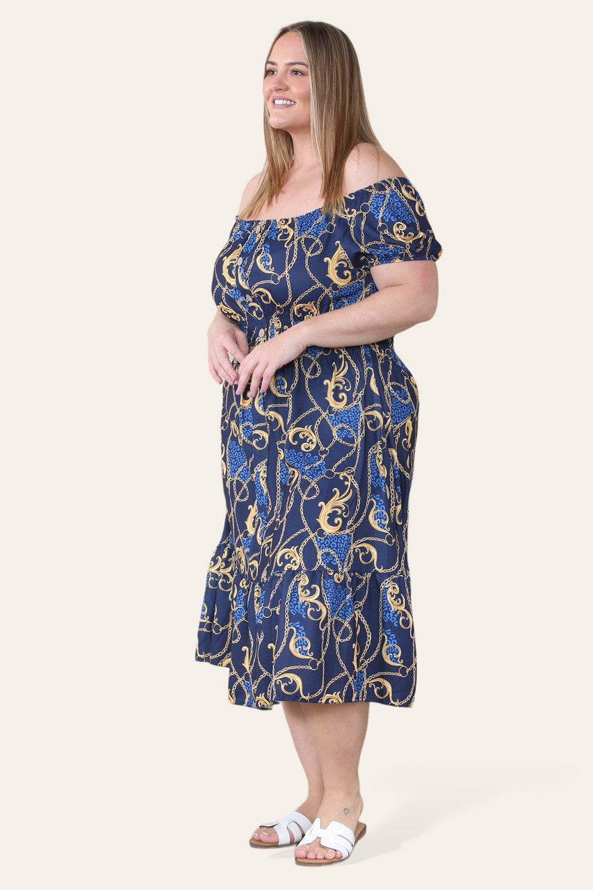 BAROQUE CHAIN PRINT MIDI DRESS NAVY