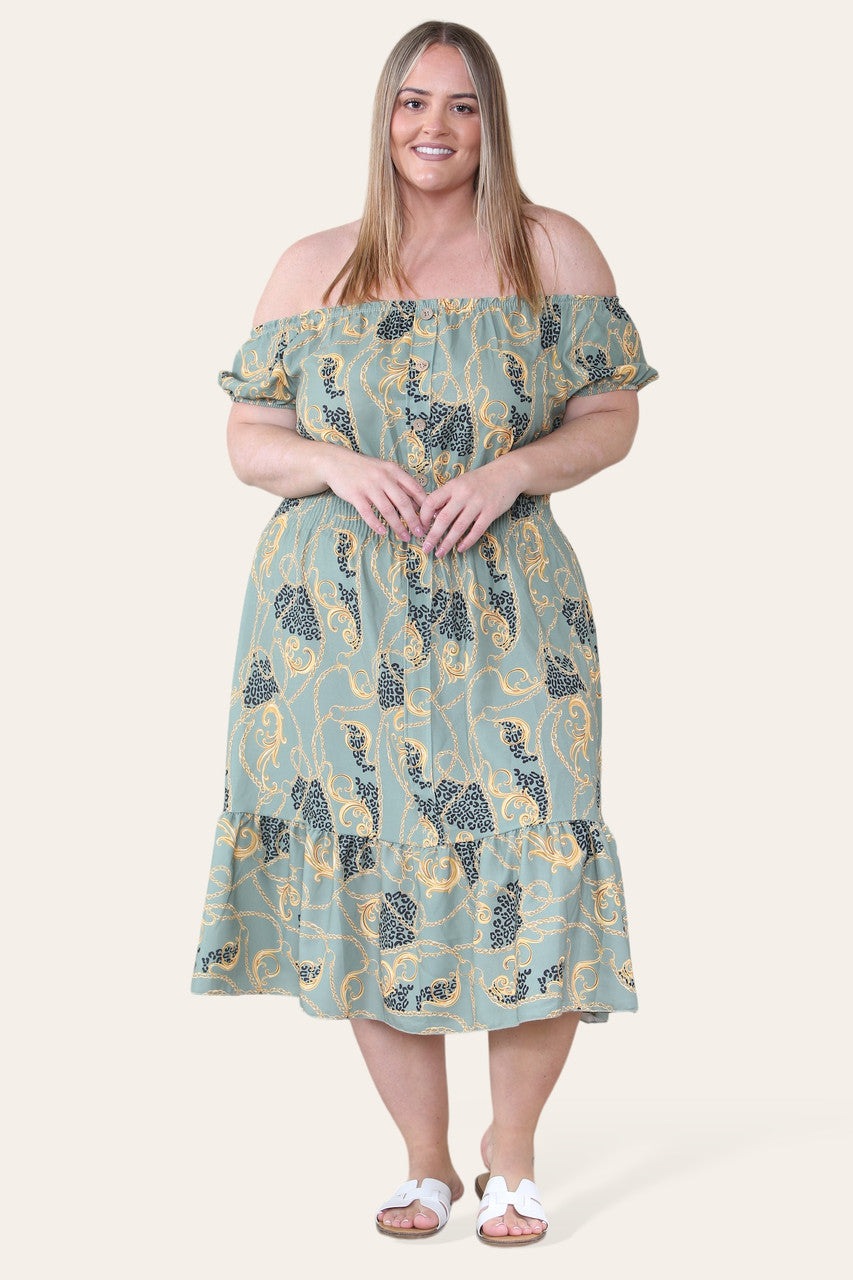 BAROQUE CHAIN PRINT MIDI DRESS KHAKI