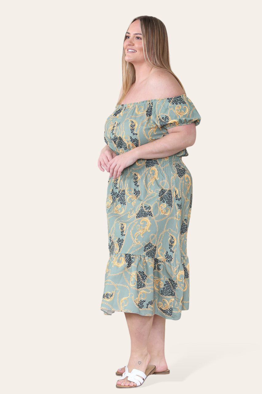 BAROQUE CHAIN PRINT MIDI DRESS KHAKI