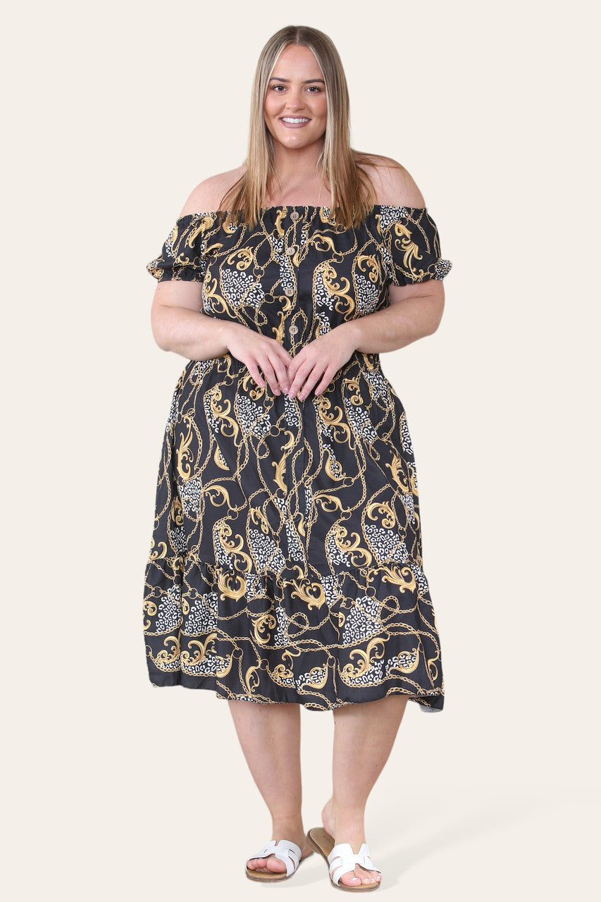 BAROQUE CHAIN PRINT MIDI DRESS BLACK