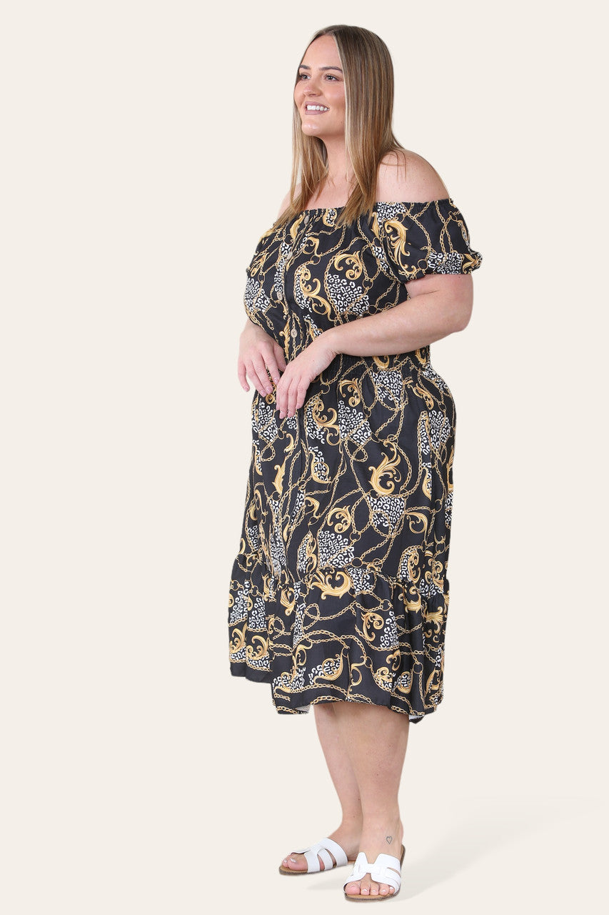 BAROQUE CHAIN PRINT MIDI DRESS BLACK
