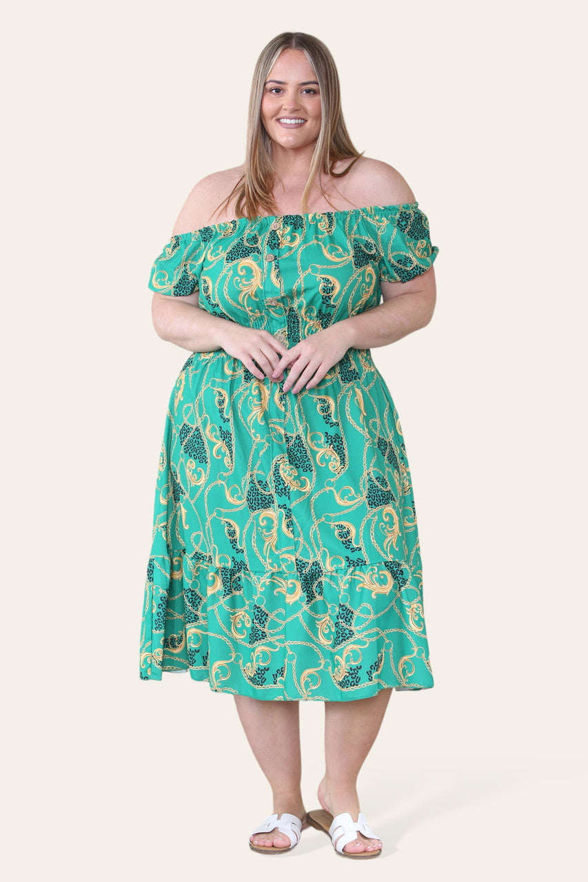 BAROKKE KETTINGPRINT MIDI JURK GROEN