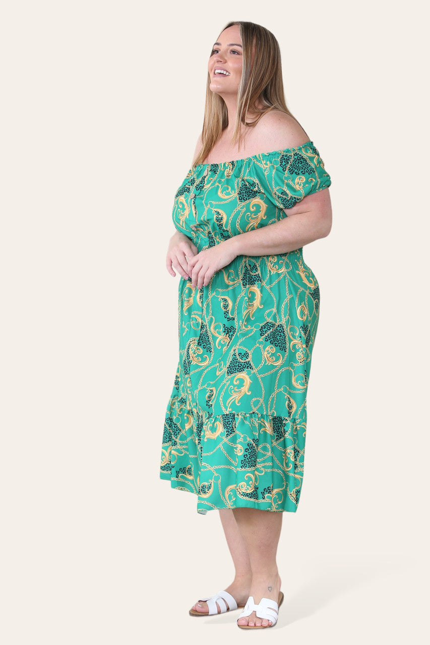 BAROKKE KETTINGPRINT MIDI JURK GROEN