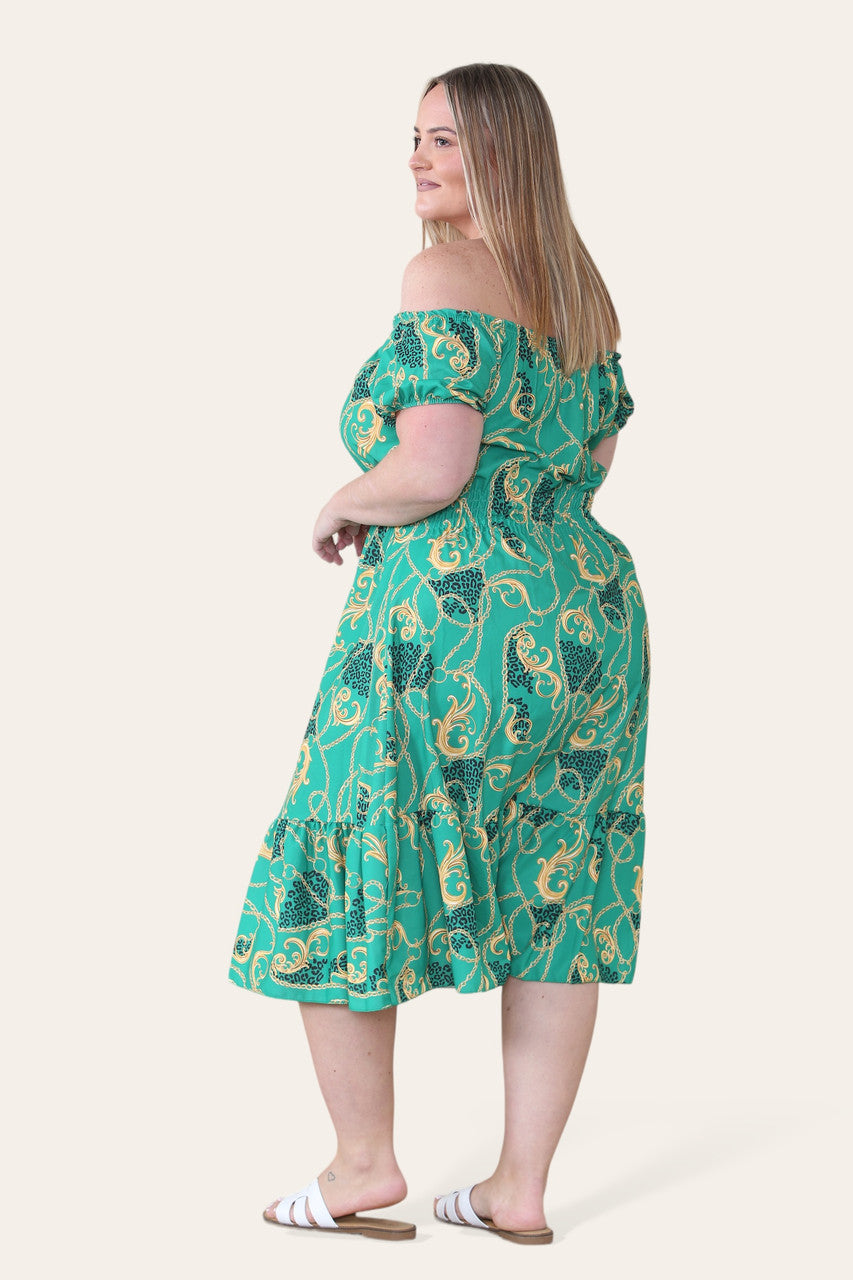 BAROKKE KETTINGPRINT MIDI JURK GROEN