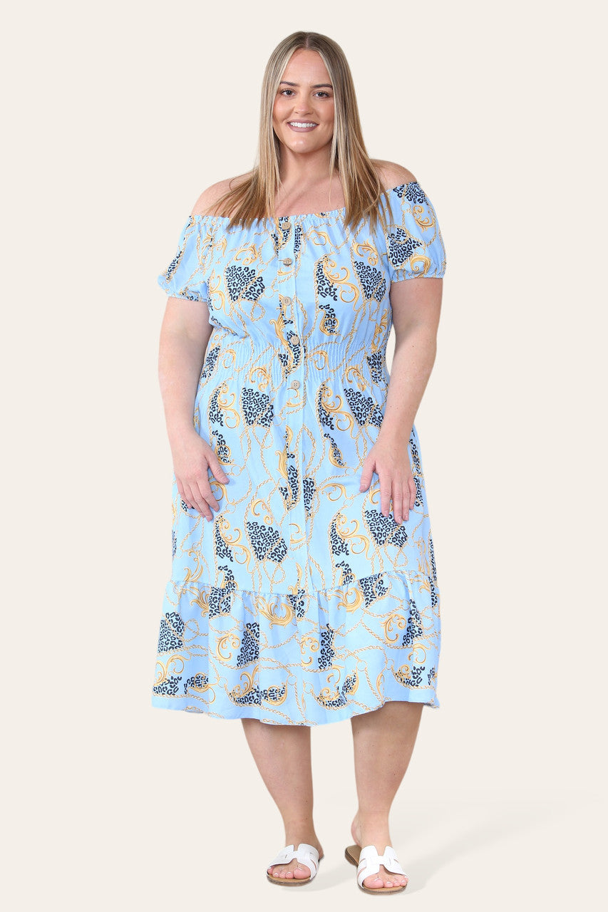 BAROQUE CHAIN PRINT MIDI DRESS LIGHT BLUE
