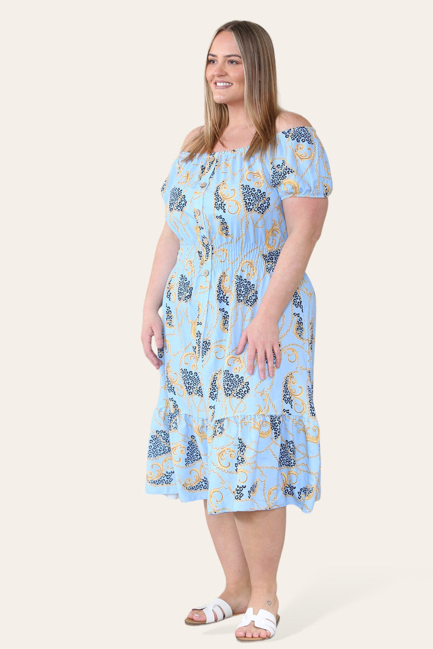 BAROQUE CHAIN PRINT MIDI DRESS LIGHT BLUE