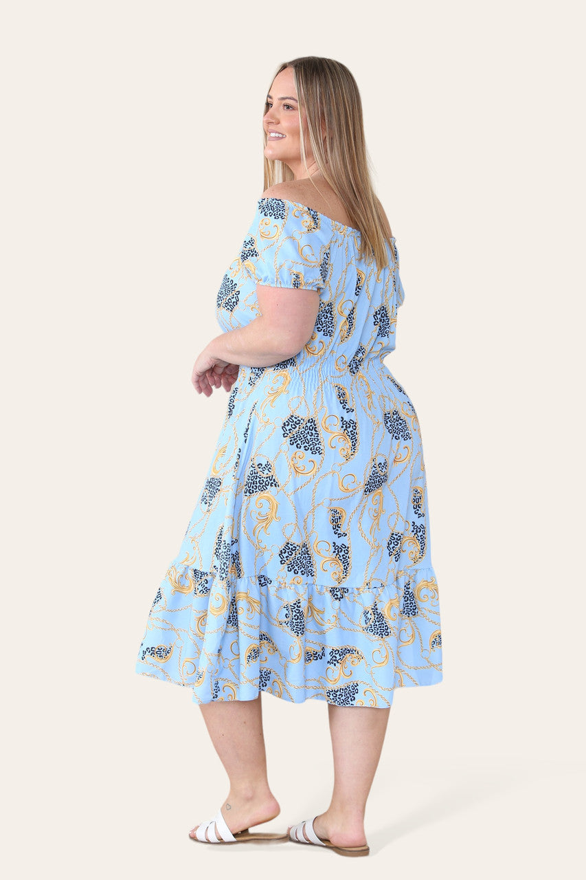 BAROQUE CHAIN PRINT MIDI DRESS LIGHT BLUE