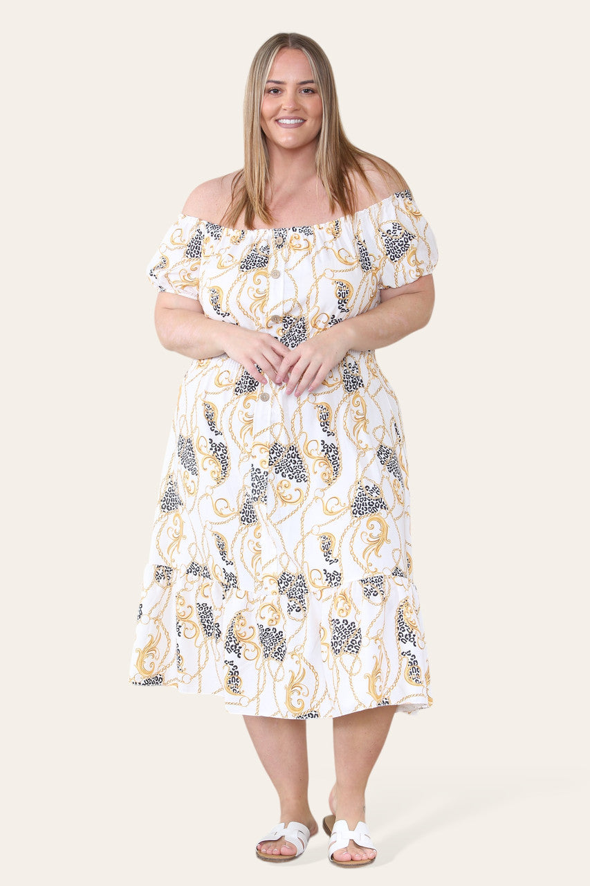 BAROQUE CHAIN PRINT MIDI DRESS CREAM