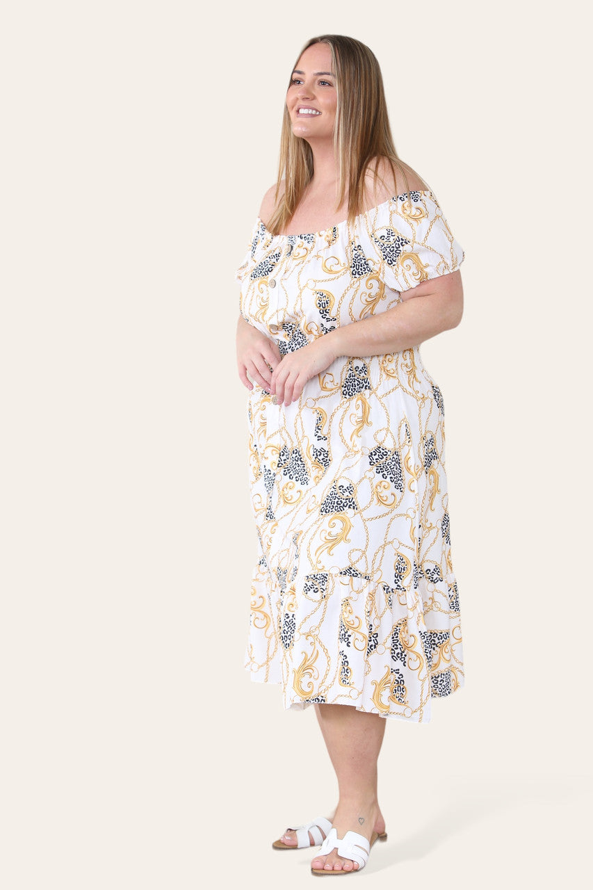 BAROQUE CHAIN PRINT MIDI DRESS CREAM