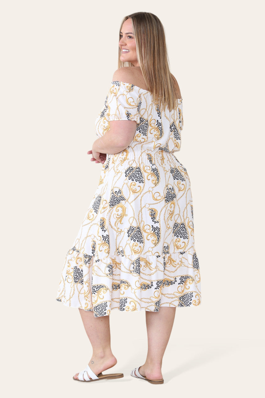 BAROQUE CHAIN PRINT MIDI DRESS CREAM