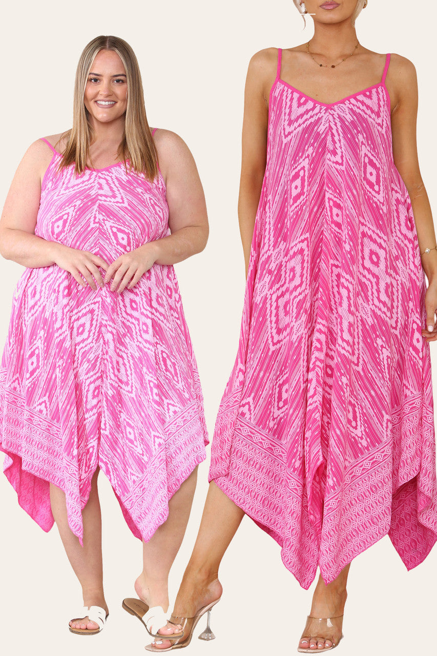 AZTEC PRINT JURK MET SPAGHETTIBANDJES EN ZAKDOEKZOOM KERSENROOD