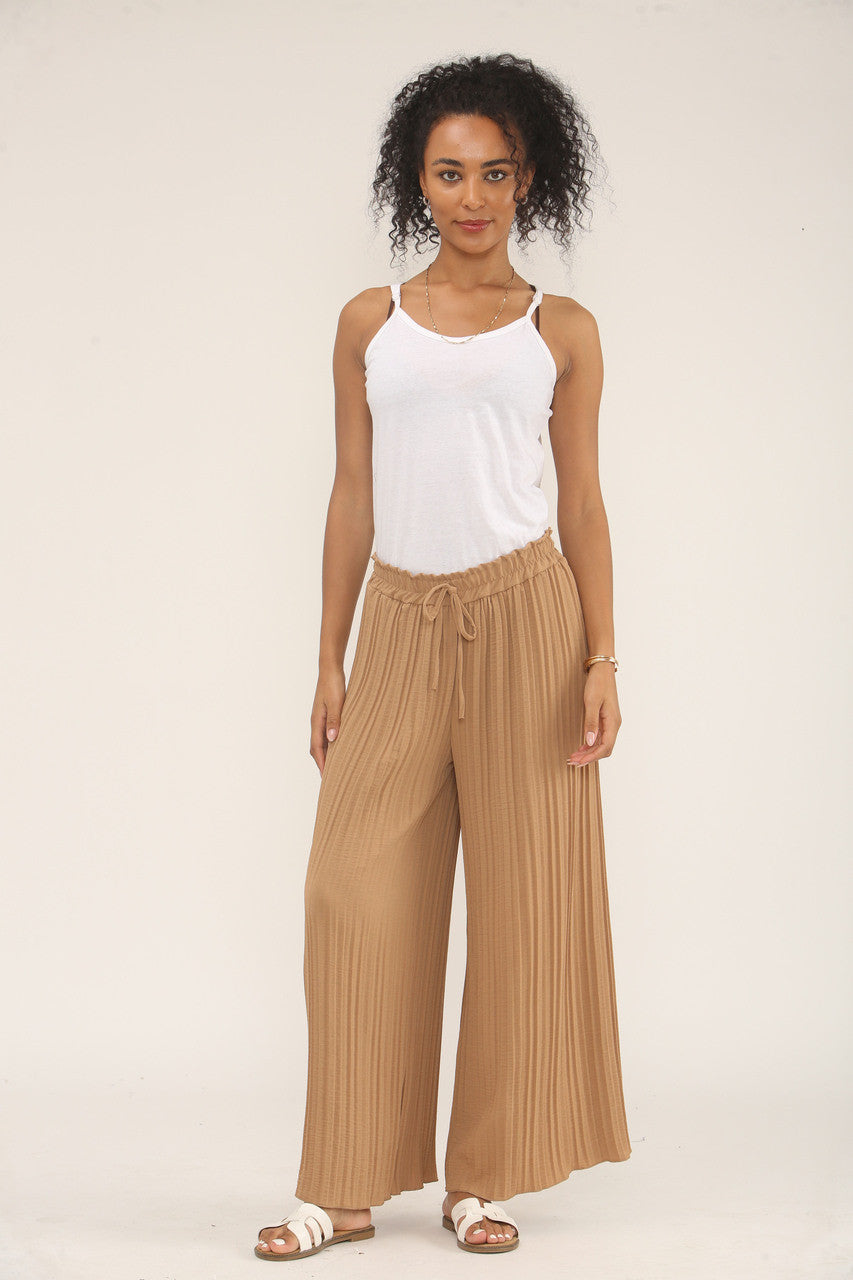 WIDE LEG PLISSE PLEATED ELASTICATED WAIST TROUSERS TAN