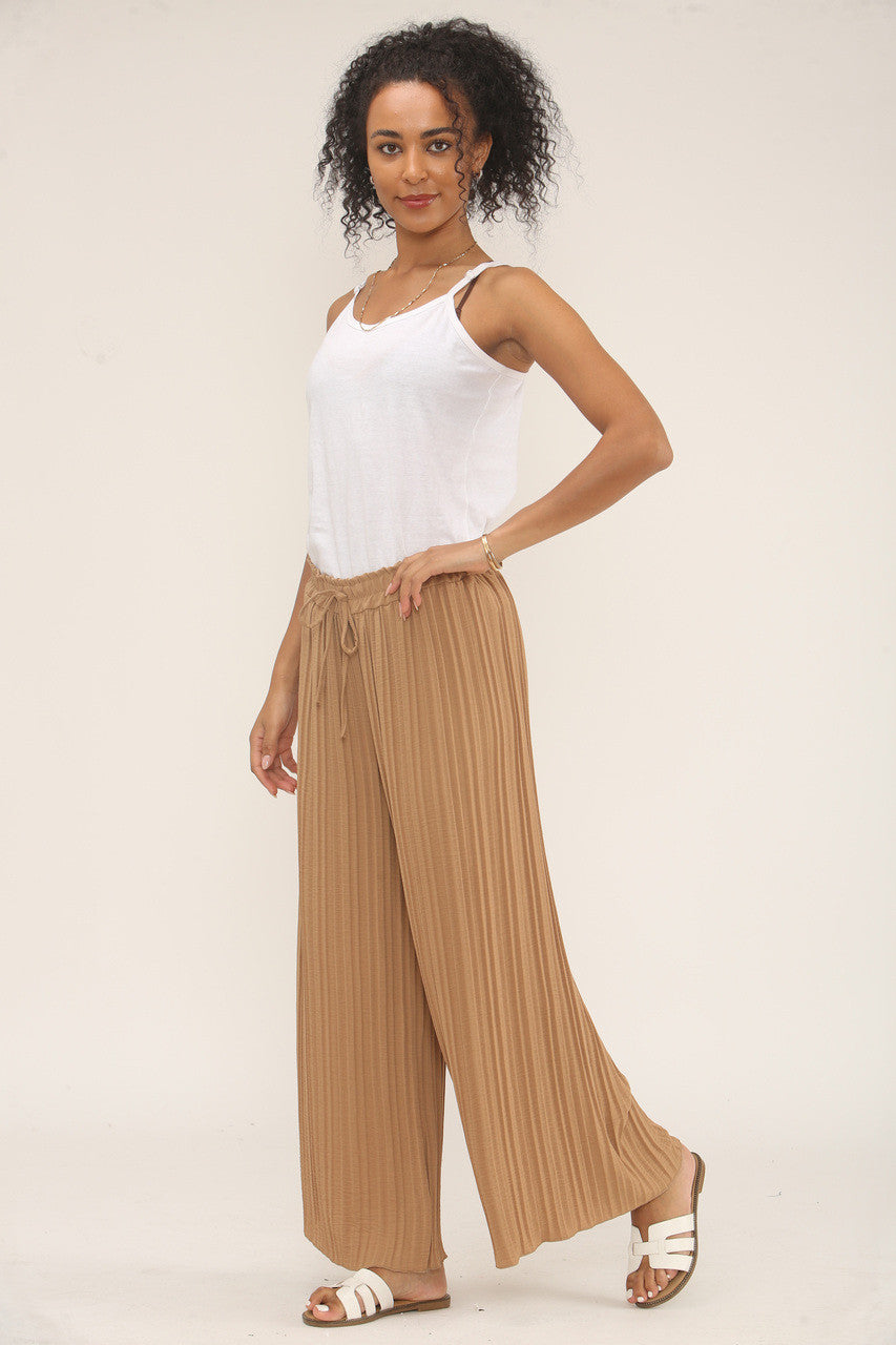 WIDE LEG PLISSE PLEATED ELASTICATED WAIST TROUSERS TAN