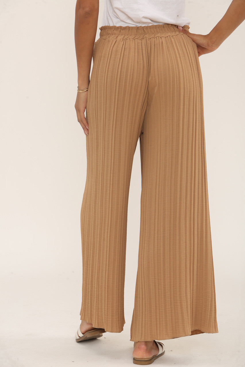 WIDE LEG PLISSE PLEATED ELASTICATED WAIST TROUSERS TAN