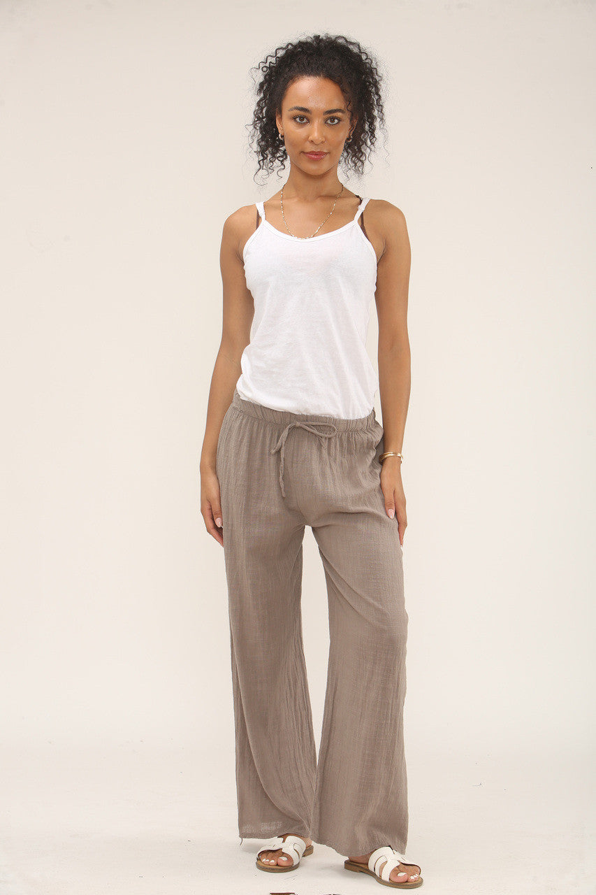 TAUPLEURIGE KATOENEN BROEK MET ELASTISCHE TAILLE