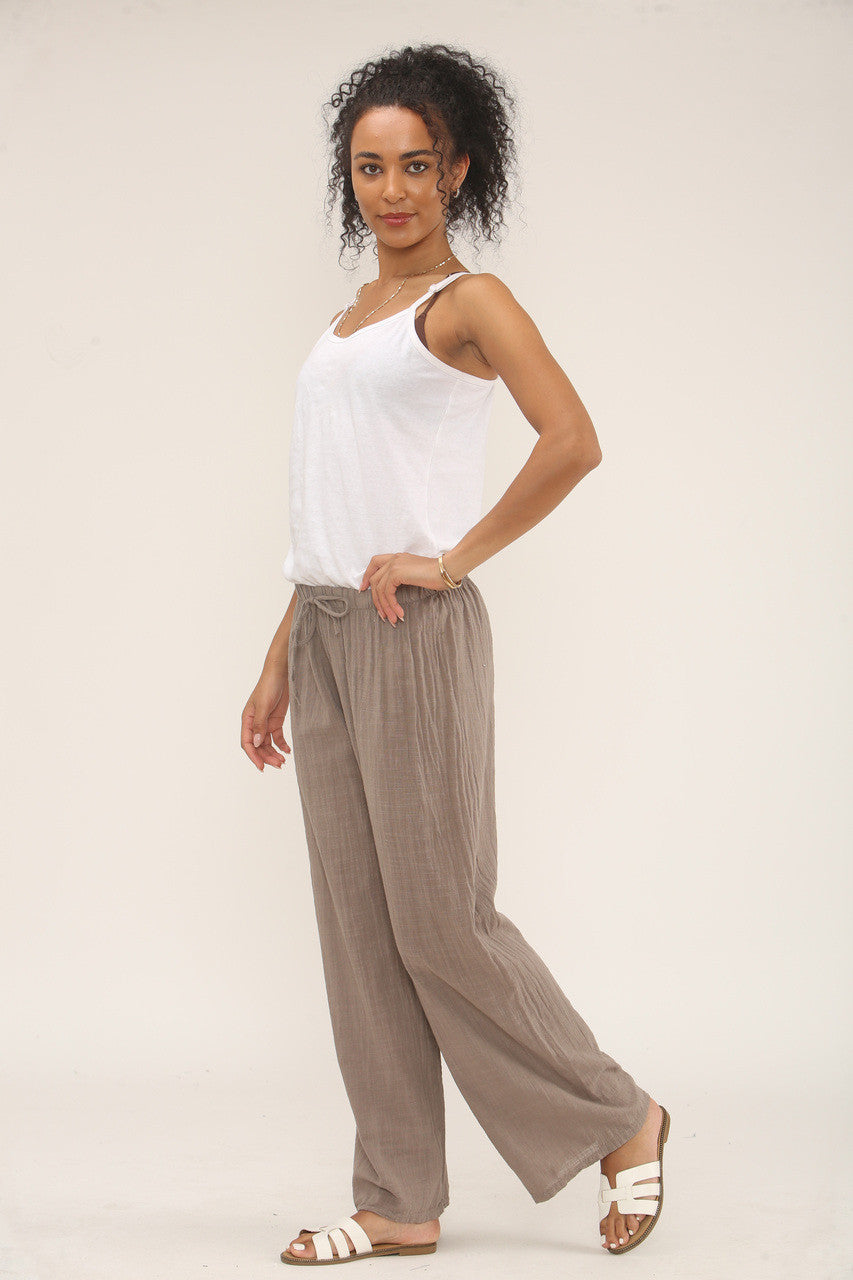 TAUPLEURIGE KATOENEN BROEK MET ELASTISCHE TAILLE