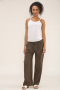 ELASTICATED WAIST COTTON TROUSERS BROWN