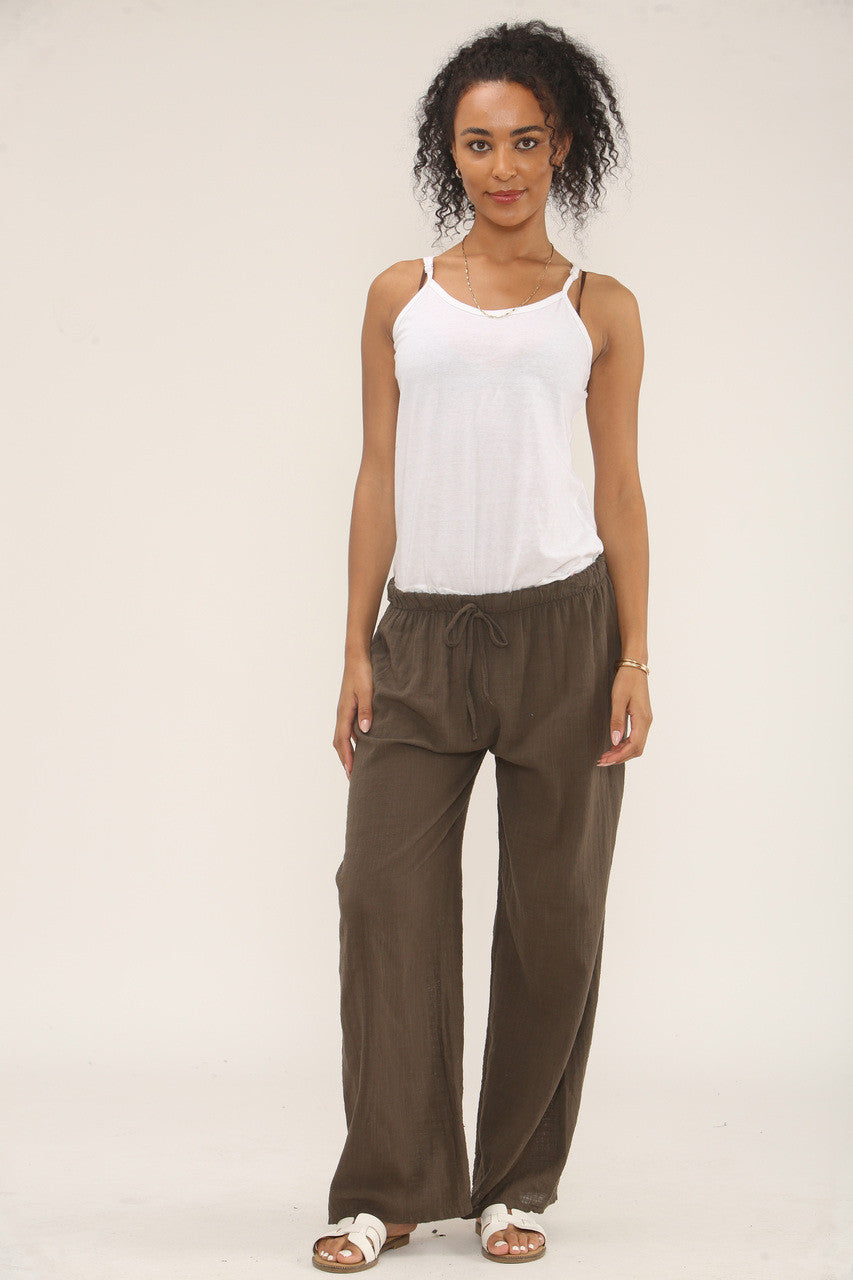 ELASTICATED WAIST COTTON TROUSERS BROWN