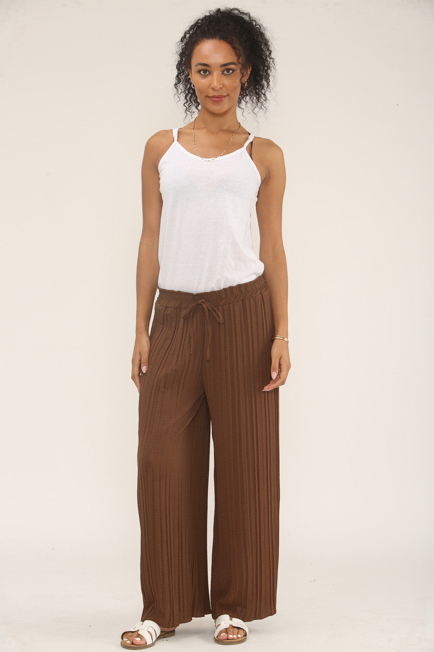 WIDE LEG PLISSE PLEATED ELASTICATED WAIST TROUSERS BROWN