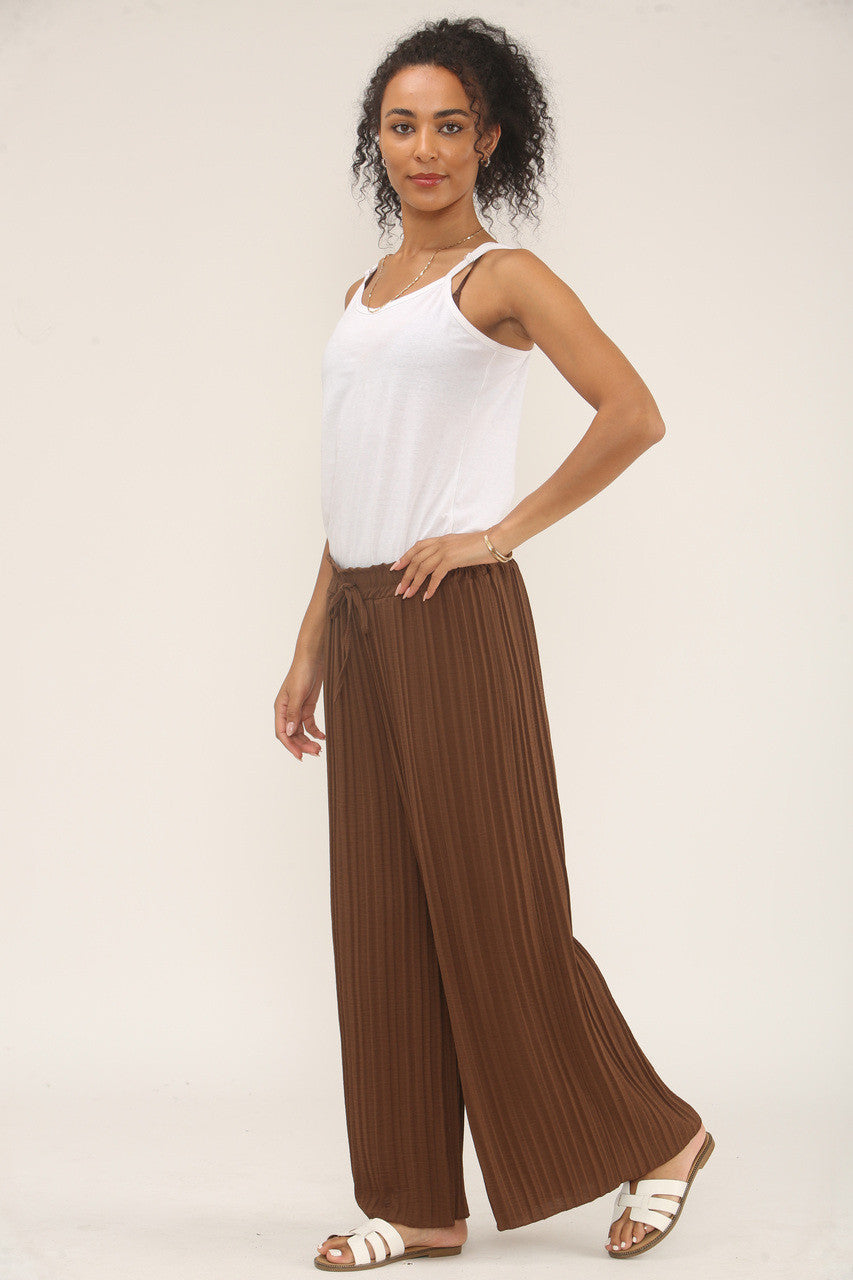 WIDE LEG PLISSE PLEATED ELASTICATED WAIST TROUSERS BROWN