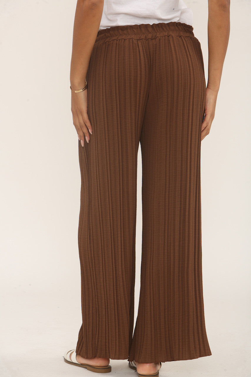 WIDE LEG PLISSE PLEATED ELASTICATED WAIST TROUSERS BROWN