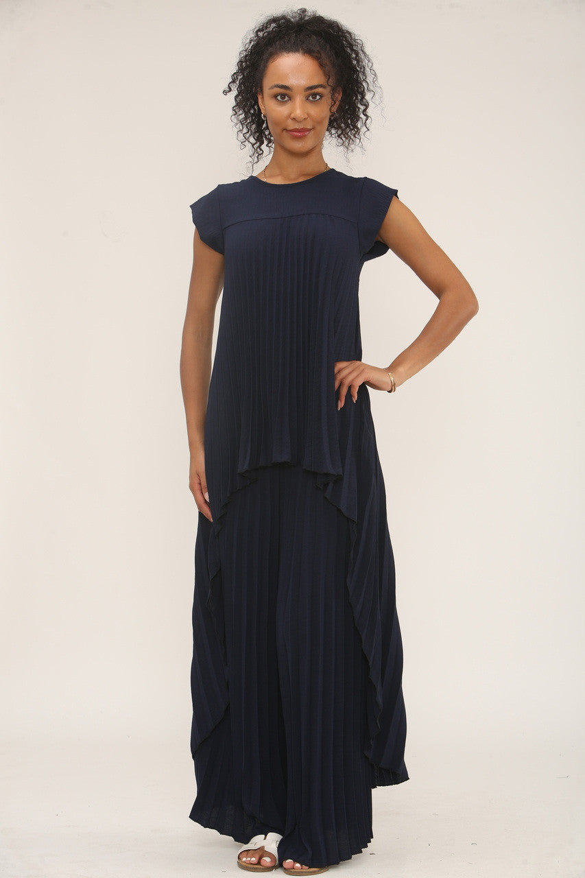 GEPLOOIDE CO-ORD SET TOP & BROEK MET WIJDE PIJPEN - NAVY