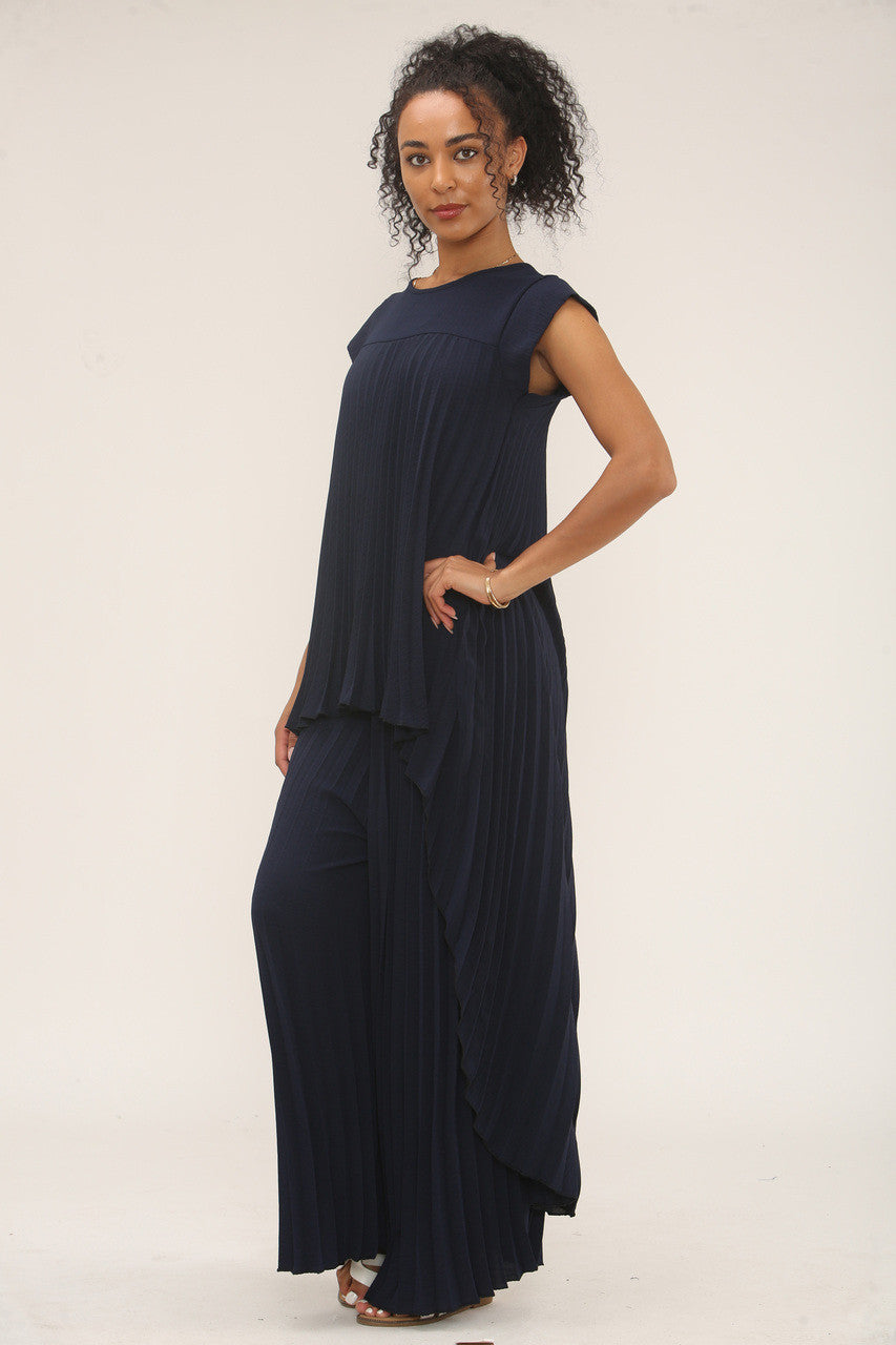 GEPLOOIDE CO-ORD SET TOP & BROEK MET WIJDE PIJPEN - NAVY