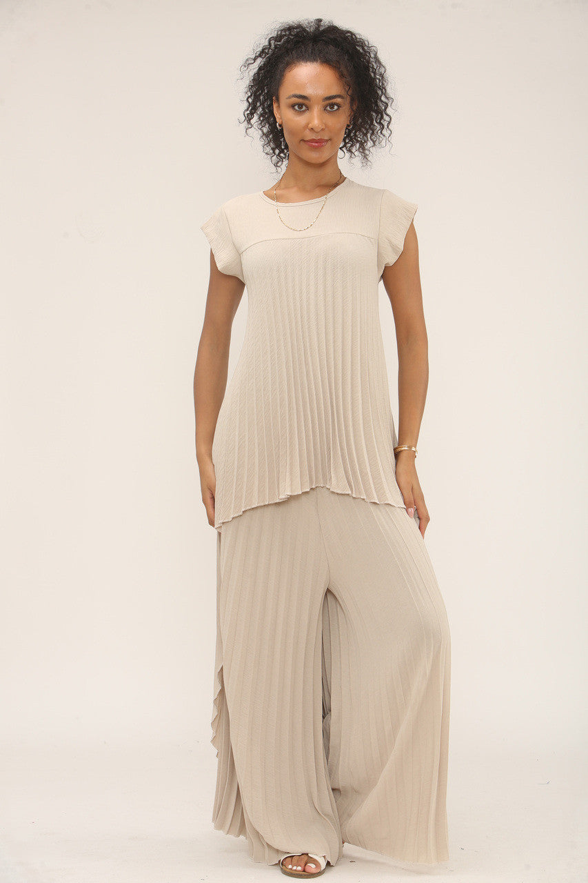 GEPLOOIDE CO-ORD SET TOP & WIDE-LEG BROEK - BEIGE