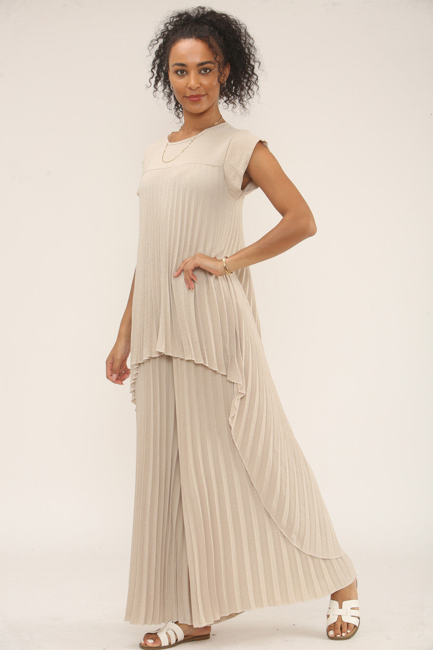 GEPLOOIDE CO-ORD SET TOP & WIDE-LEG BROEK - BEIGE
