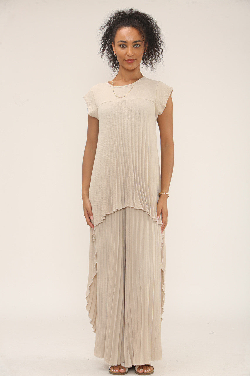 GEPLOOIDE CO-ORD SET TOP & WIDE-LEG BROEK - BEIGE