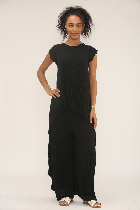 PLEATED CO-ORD SET TOP & WIDE-LEG PANTS - BLACK